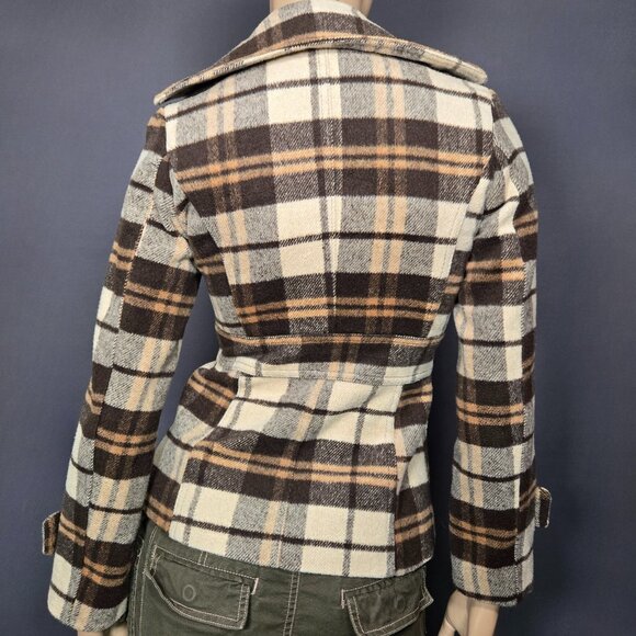Y2K Fitted Plaid Pea Coat Jacket Size XS Brown Beige Wool Blend Fall Winter - Picture 10 of 14
